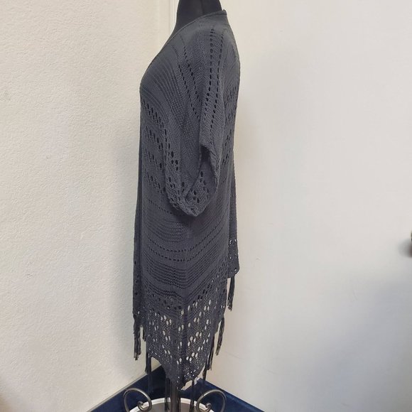 Black Crochet Open-Front Fringe Cape - Picture 3 of 6